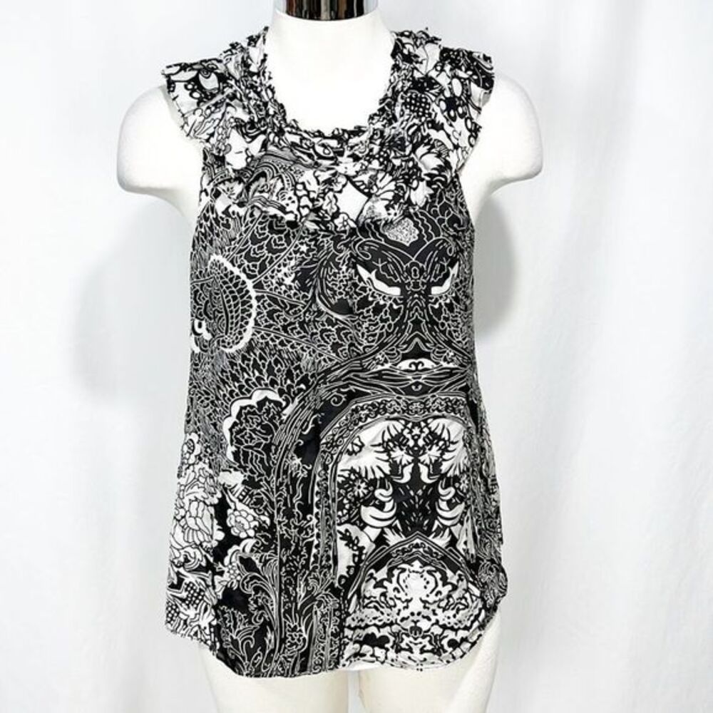 CLUB Monaco Silk Ruffle Neck Flowy Sleeveless Black & White Paisley Blouse XS